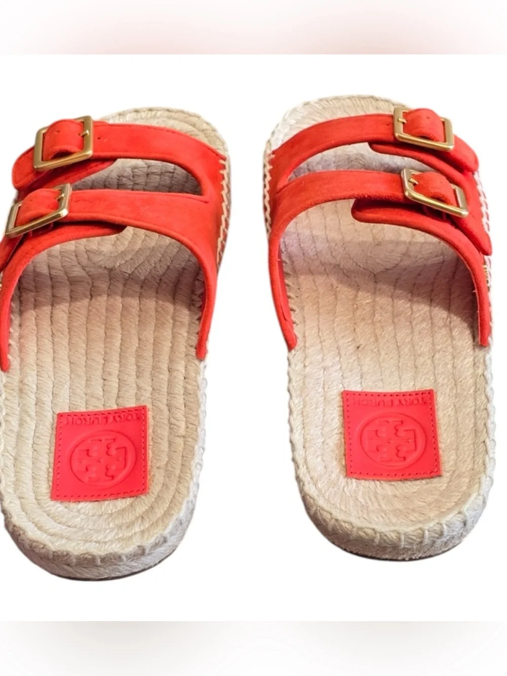 Tory Burch Orange Suede Double-Buckle Espadrille Slide Sandal